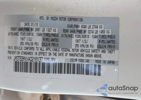 2010 Mazda Cx-9 Touring из США, поврежденный, VIN JM3TB3MVXA0216137